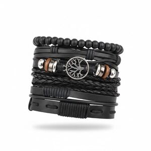 Men's‎ Black Leather Bracelet Set Tree of Life Beaded Braided Boho Jewelry